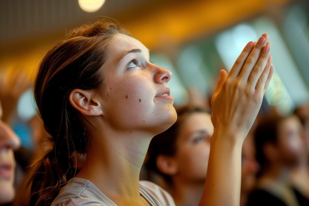 Young woman looking up in hope and prayer with hands together