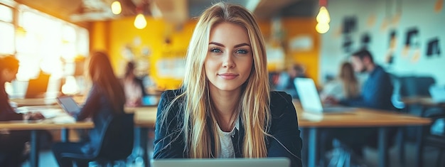 Photo a young woman looks confidently at the camera while working on her laptop in a lively coworking space