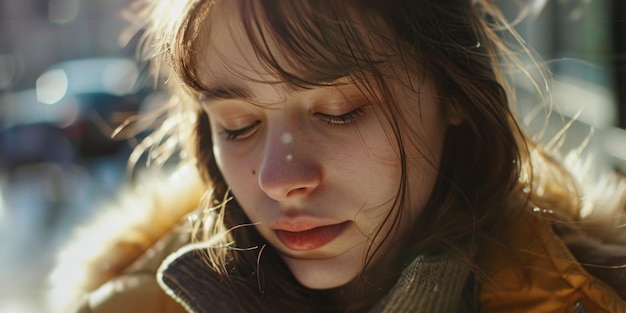 A young woman looks down at her cell phone likely checking messages or scrolling through social media