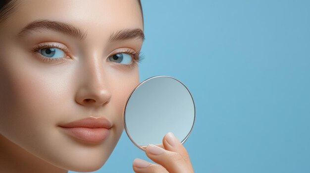 Photo a young woman looks into a small mirror highlighting her smooth skin and natural beauty the soft blue backdrop enhances her fresh appearance and captivating blue eyes