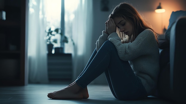 A young woman looks sad and sits alone