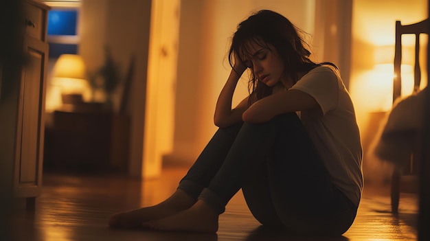 A young woman looks sad and sits alone