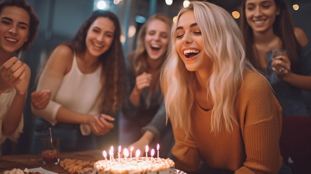 Young woman makes a wish while holding a birthday cake while others watch Generative AI