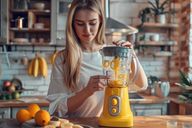 Photo young woman making beverages with blender from bananas