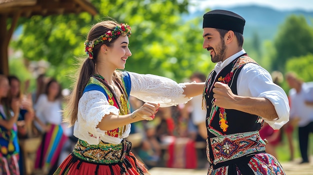 A young woman and man in traditional folk costumes dance together at a festival