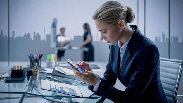 Photo young woman manager using mobile in office