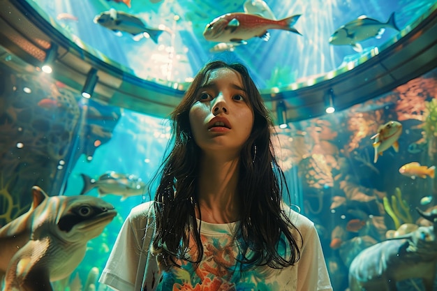 Young Woman Marveling at Colorful Marine Life in a Large Aquarium Tunnel with Beautiful Fish