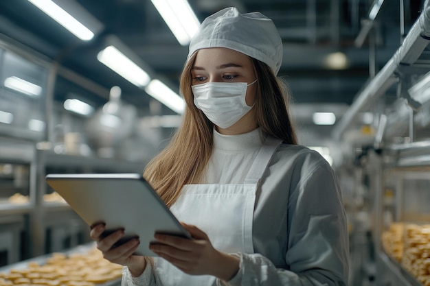 Young woman in mask inspects food factory with tablet