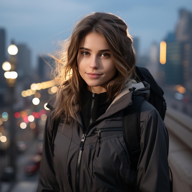 Young woman in a medical mask with a backpack on the background of the city