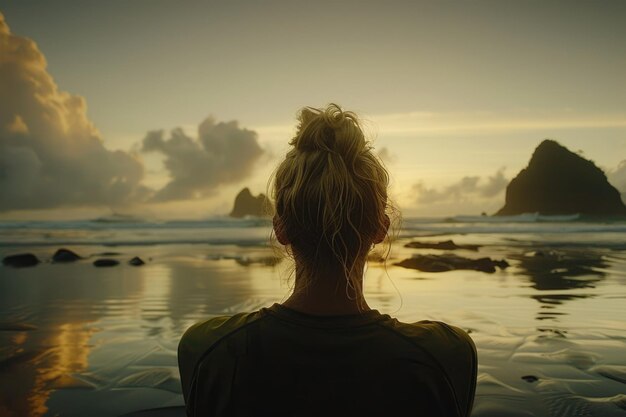 Photo young woman meditates on beach practices yoga travels solo