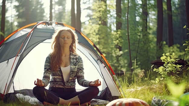 A young woman meditates early in the morning in the summer forest near her tent