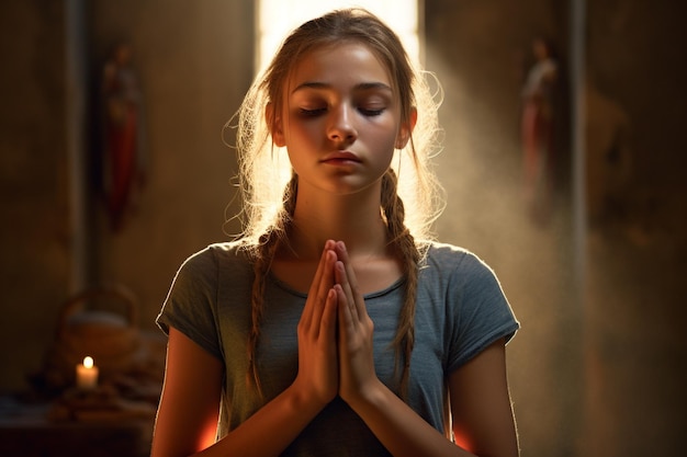 Young woman meditating in a dark room with candles in the background