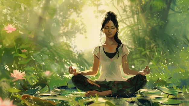 Young woman meditating in a lotus pose on fresh nature background Digital painting Anime style