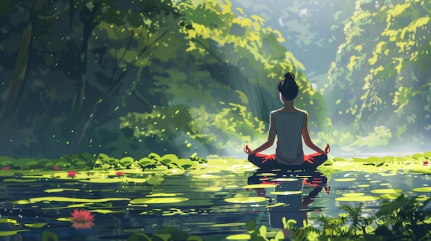 Young woman meditating in a lotus pose on fresh nature background Digital painting Anime style