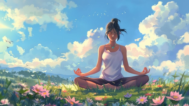 Young woman meditating in a lotus pose on fresh nature background Digital painting Anime style