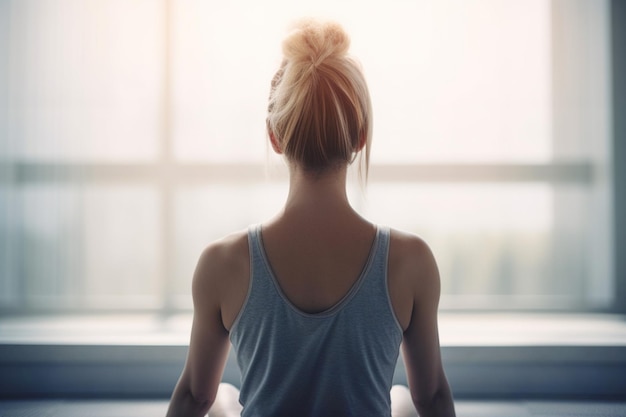 Young woman meditating in lotus pose meditation and healthy relax active lifestyle concept Enjoying meditation while doing yoga back view AI generated image