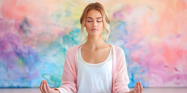 Photo young woman meditating in lotus yoga pose with colorful watercolor background concept meditation lotus pose young woman colorful background watercolor