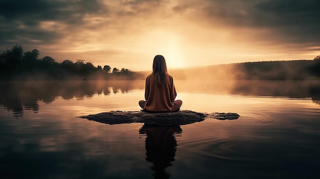 Young woman meditating on a rock on the lake at sunset spirituality meditation