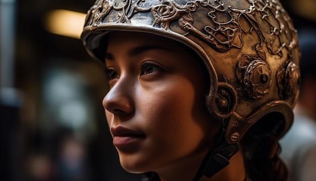 Young woman in military uniform smiling confidently generated by AI