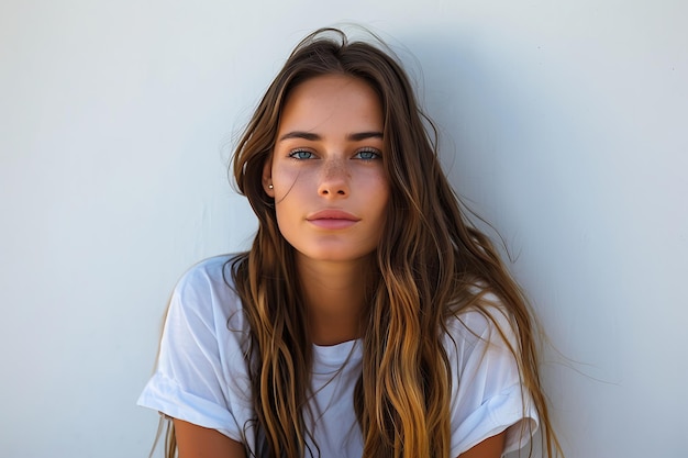 Young woman model in casual clothes posing on white background