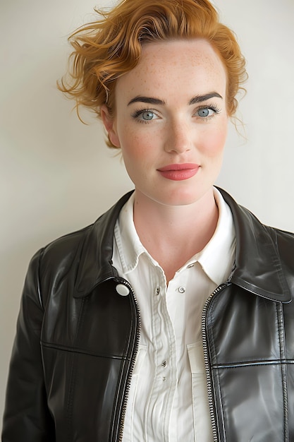 Young woman model wearing leather jacket