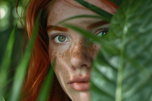 Photo young woman model with red hair and freckles posing in green jungle leaves closeup detail to face