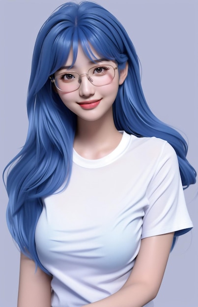 a young woman in monochromatic light wear blue tshirt glasses with simple background