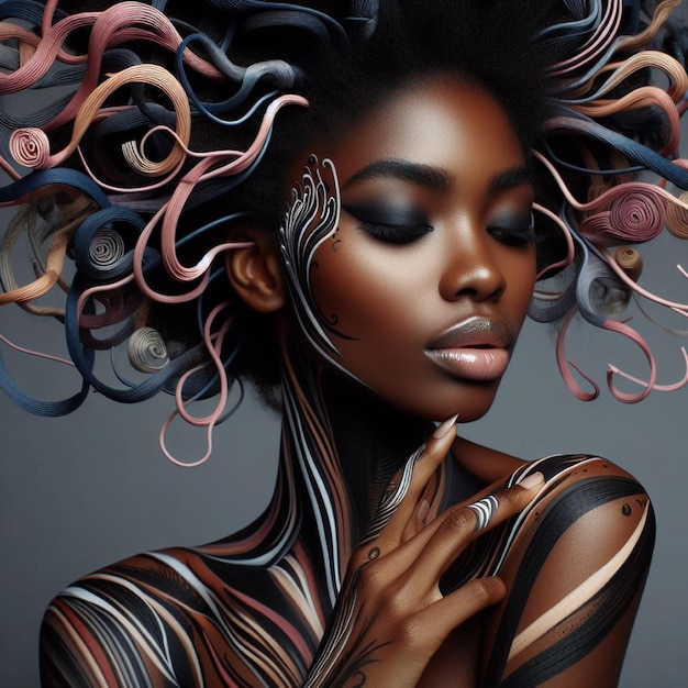 Young woman muse with creative body art and hairdo