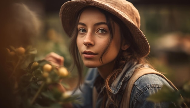 Young woman in nature smiling confidently generated by AI