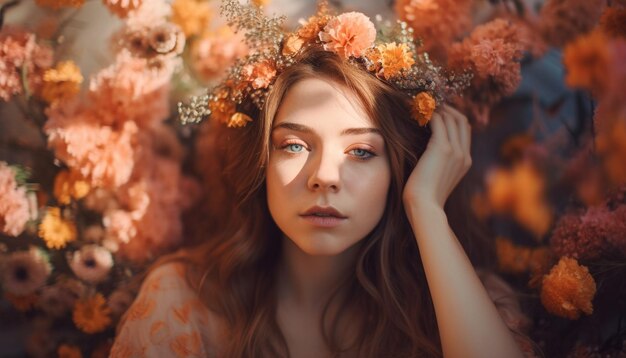 Young woman in nature smiling with elegance generated by AI