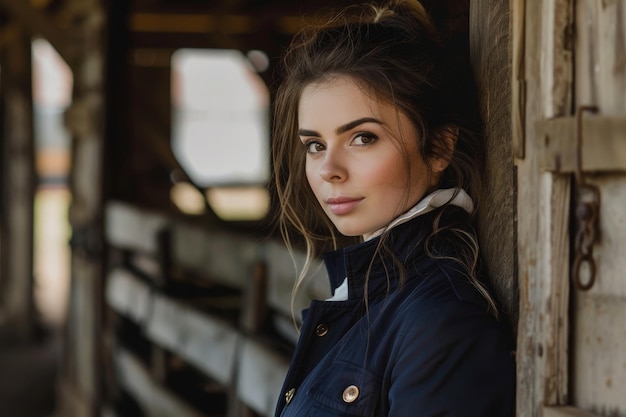 Young woman in navy coat looking thoughtful