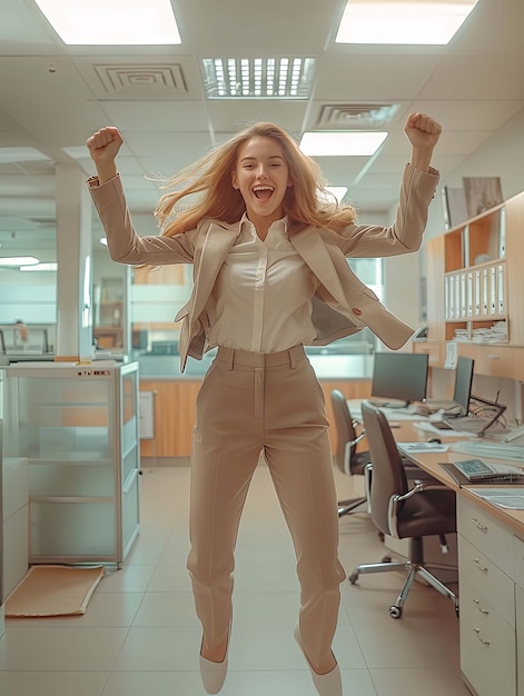 Young woman office worker rejoices at career growth and success