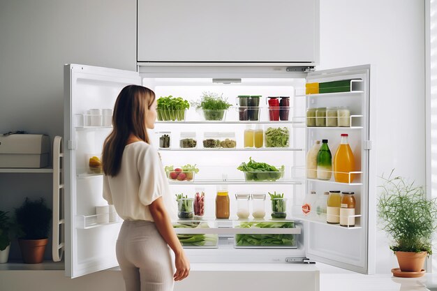 A young woman opens a refrigerator filled with food for vegetarians Vegetarian and Veganuary