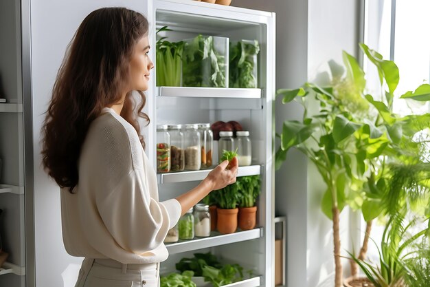 A young woman opens a refrigerator filled with food for vegetarians Vegetarian and Veganuary