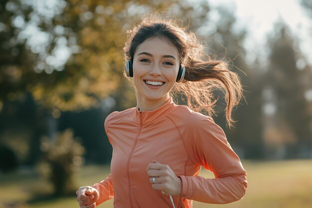 A young woman in an orange jacket smiles as she runs while listening to music with wireless headphones in a park