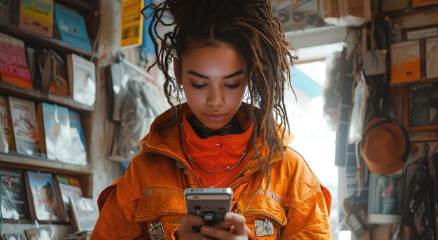 Young woman in orange jacket using smartphone in cozy bookstore setting