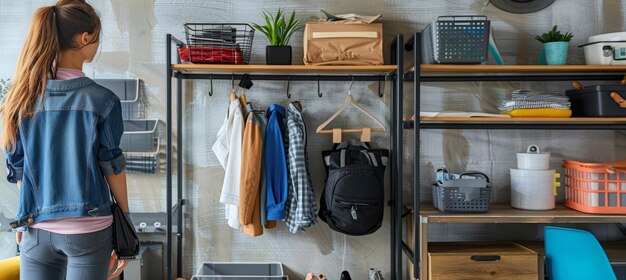 Photo young woman organizing new apartment with storage bins and shelves for a clean and minimalistic space