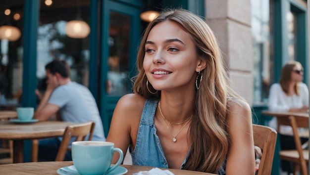 Photo a young woman at an outdoor cafe looking off into the distance with a gentle smile enjoying a serene moment with her coffee