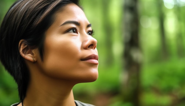 Young woman outdoors looking away smiling surrounded by nature generated by AI