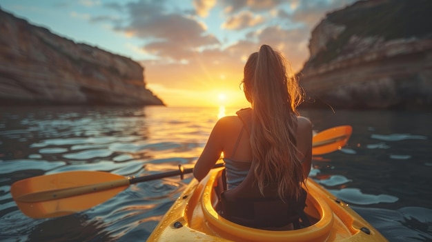 Photo young woman paddling a kayak in the sea at sunset