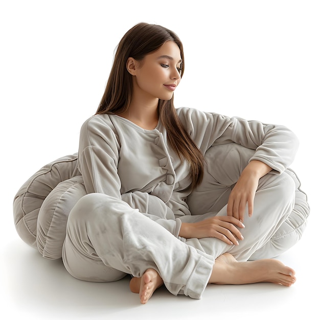 young woman in pajamas with orthopedic pillow for legs lying on cozy bed at home isolated on white