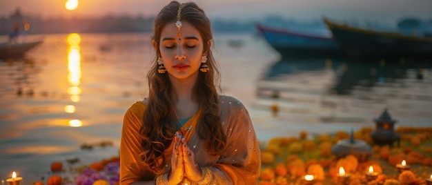 Young Woman Participating in Aarti Ceremony by Ganges River at Sunrise