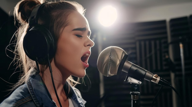 A young woman passionately singing into a microphone in a recording studio symbolizing creativity and dedication to her art