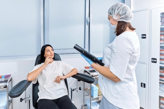 Young woman patient looks frightened at nurse