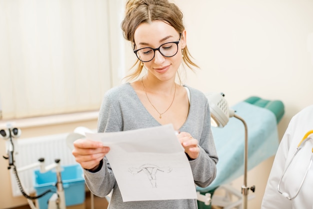 Young woman patient reading a recipe standing in the gynecological office