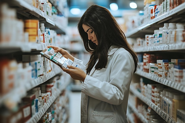 Young woman pharmacist looking at medicine boxes on a shelf in a pharmacy