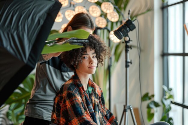 Photo a young woman in a photo studio