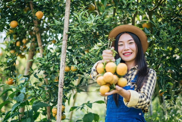 Young woman picking oranges in orchard