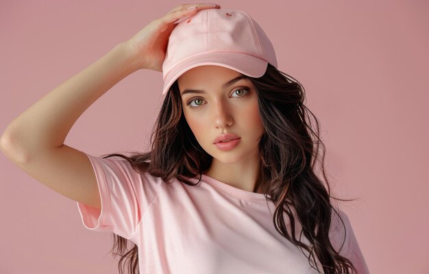 Photo young woman in pink cap posing against pink background