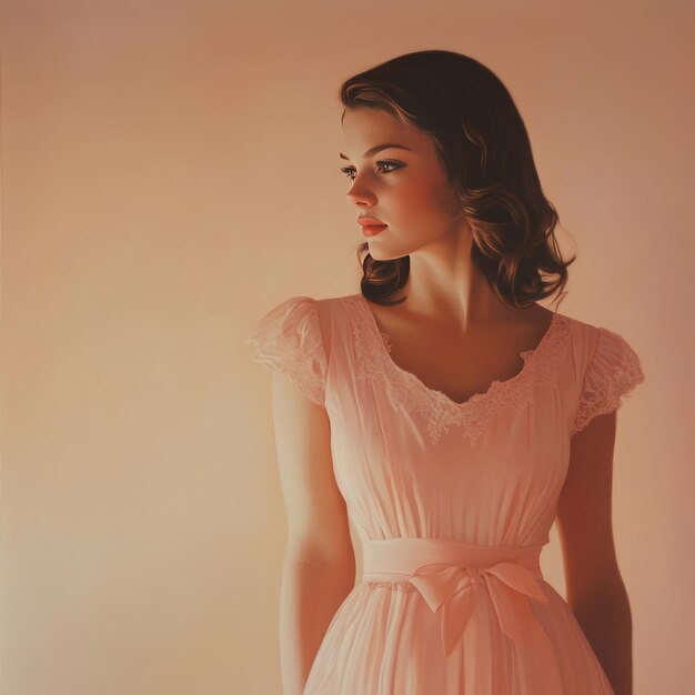 Photo a young woman in a pink dress looks off to the side against a light peach background